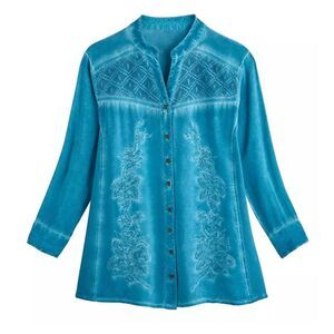 Vintage Signals Top Womens 1X Blue Embroidered Long Sleeve Y-neck Popover Blouse